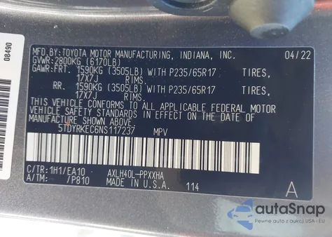 2022 Toyota Sienna Xle z USA, uszkodzony, nr VIN 5TDYRKEC6NS117237